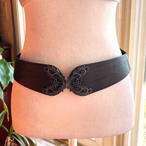 Retro Leaf Wide Waist Belt, Classic Sequin Solid Color Elastic Waist Belt